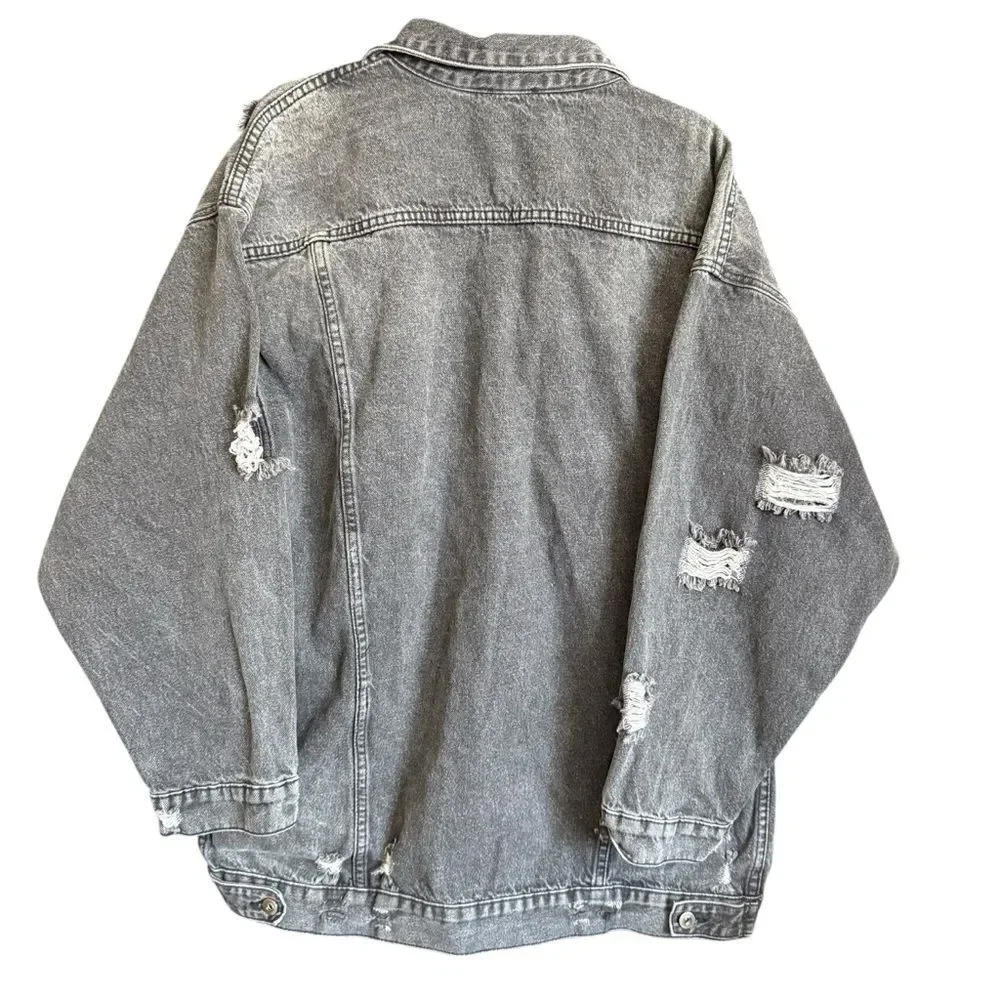 Fashion Nova Oversized Distressed Light Black Denim Jacket Size XL Streetwear